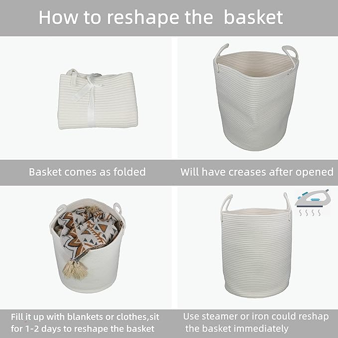 Woven Cotton Rope Laundry basket-15”X20” Laundry Hamper-Rope Storage Basket for Dirty Clothes, Toys and Blankets Perfect for Bathroom, Baby nursery and Living Room Storage (white)