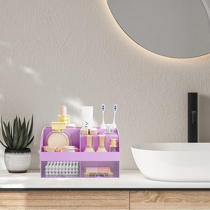 Makeup Organizer with 2 Drawers, Cosmetic Storage for Dresser Vanity and Bathroom Countertop,Make up organization and Skincare Storage with Beauty Brush Holder, Cosmetic Display Case (Purple)