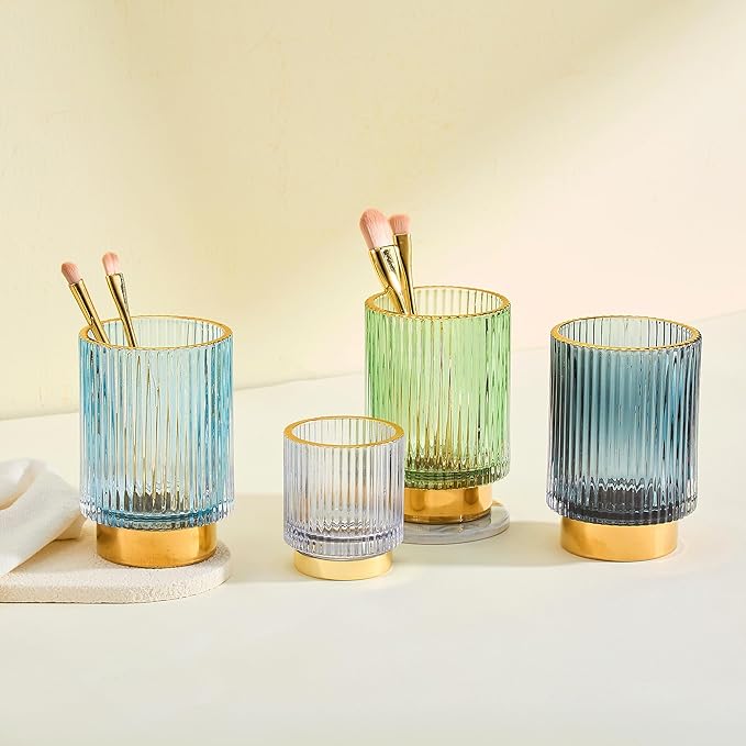 Makeup Brush Holder Organizer,Toothbrush Holders,Desk Pen Pencil Holder,Multifunctional Vintage Glass Brush Cup(L/Blue/A3-8-US)