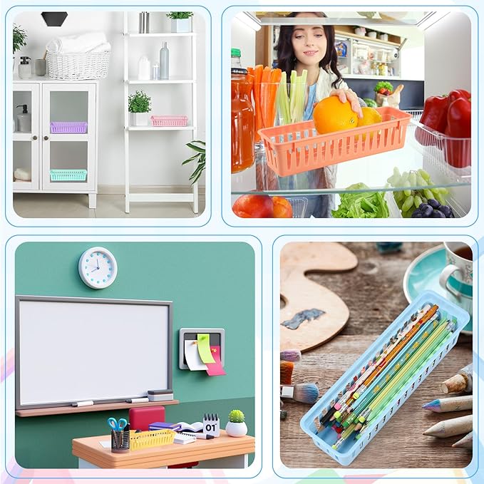 6 Pcs Morandi Slim Plastic Storage Baskets Tray 10 x 3 x 2.5 Inch Compact Stackable Desk Organizer for Office, Classroom, School Supplies, and Home Storage, Organization(Morandi)