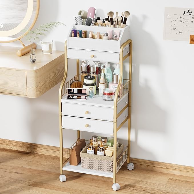 SWTYMIKI Rolling Makeup Organizer Cart - Floor Skincare Storage with Non-woven Drawers, Vanity Organizer Cosmetic Display Cases with Wheels, Cabinet for Skin Care Perfume Nail Polish Brush Hair Tool
