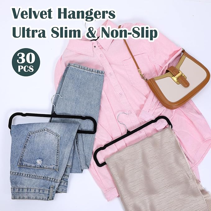 30 Pack Black Velvet Pants Hangers Non Slip, Space Saving Slim Clothes Hanger with 30 Hooks, Strong Durable Flocked Hanger with 360° Swivel Hook for Closet, Jeans, Shirts, Bras, Shorts
