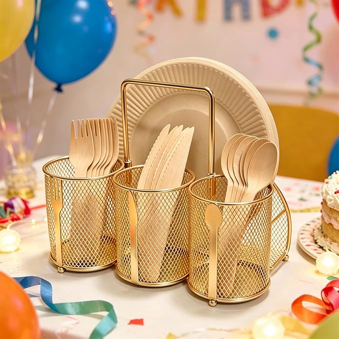 Silverware Organizer Utensil Caddy - 4 Compartment Metal Cutlery Holder Flatware Storage Basket Fork Spoon Napkin Paper Plate Kitchen Countertop Party Picnic Camping Buffet Outdoor (Gold)