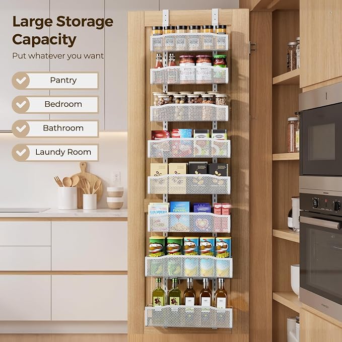 Delamu 8 Tier Over the Door Pantry Organizer, 2in1 Hanging or Wall Mount Spice Rack Seasoning, Adjustable Heavy-Duty Pantry Door Organizer and Storage for Kitchen Cabinet and Bathroom, 15.3" White