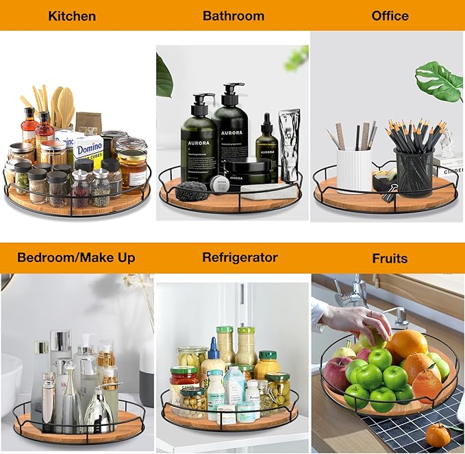 Lazy Susan Turntable Organizer with Anti-Slip Mat for Cabinet Pantry Kitchen Countertop Refrigerator Office, Pine Wood, 13", Carbonized Black
