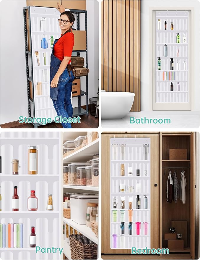 NiHome 35-Pocket Large Capacity Door Cup Organizer Fit for Stanley Tumblers 30oz, 40oz, Door Hanging Water Bottle Storage, Double-Sided Tape Stabilizer, Waterproof Oxford Fabric, Transparent (White)