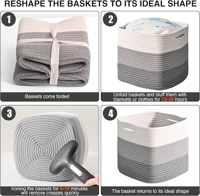 ICERZCZ 11 Inch Cube Storage Bins, Storage Cube Organizer Bins, Woven Cotton Rope Basket for Storage, Storage Baskets for Organizing Shelves, Grey Baskets for Toys, Gradient Grey (Pack of 3)