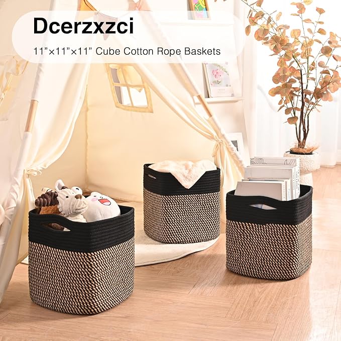 11 Inch Cube Storage Bins, 11x11 Cube Storage Bins for Cube Organizer, Square Cloth Storage Cubes, Woven Storage Baskets for Shelves, Toy Baskets Storage Kids, Black & Jute (Pack of 3)
