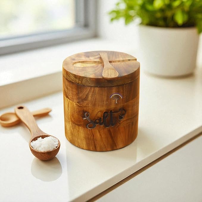 Handcrafted Wooden Salt Box with Lid & Spoon – Rustic Salt Cellar Storage Keeper for Kitchen
