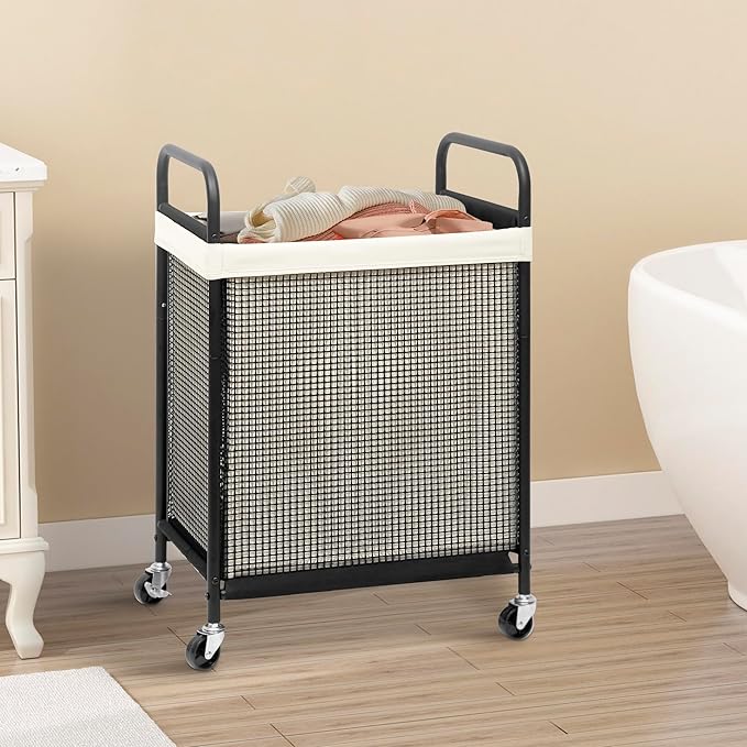STORAGE MANIAC Rolling Laundry Hamper with Wheels 1-Section Laundry Sorter Rolling Laundrys Basket on Wheels with Removable Bag Clothes Hamper Laundrys Organizer Cart Bathroom Bedroom 90L Beige