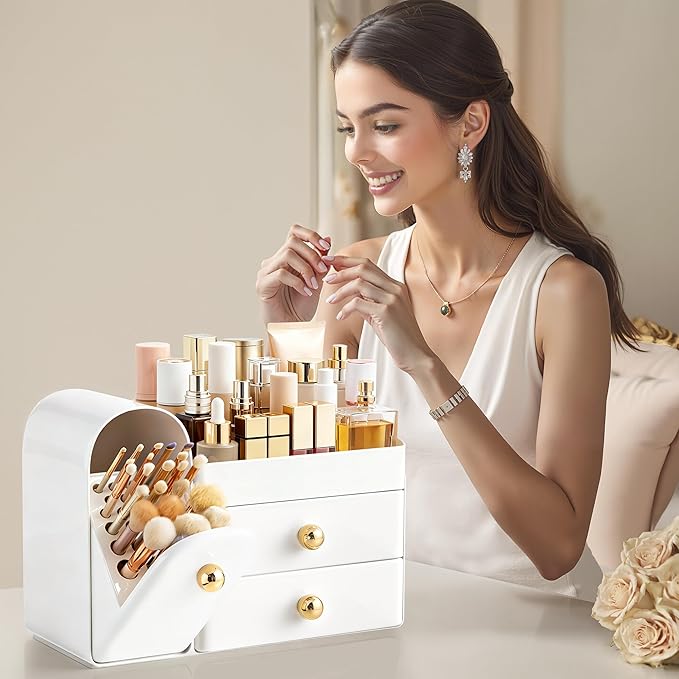 HBlife Makeup Organizer Countertop with Drawers, Vanity Organizers with Brush Holder, Bathroom Counter Organizer for Perfume, Nail Polishes, Lipsticks, Skincare and Eyeshadow Palettes, All White