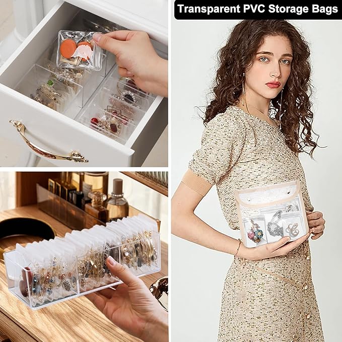 110 Pcs Travel Jewelry Organizer Bags PVC Jewelry Storage Bag Pouch Self Seal Plastic Zipper Bag,Small Clear Plastic Bags for Jewelry Necklace Rings