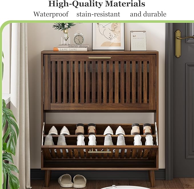 Shoe Cabinet, Shoe Storage Cabinet with Louvered 2 Flip Drawers, Narrow Shoe Cabinet Storage for Entryway, Freestanding Shoe Organizer Cabinet with Golden Handles, Slim Shoe Rack Cabinet (Walnut)