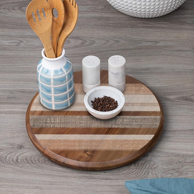 CounterArt Decorative Round Natural Wood Lazy Susan Turntable 14" Diameter Condiment Caddy, Cheese Server, Cake Plate, Spice Organization (Wide Stripes)