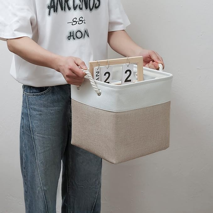 MidmmVick 11 x 11 Inch Cube Storage Bins, 6 Pack Large Collapsible Fabric Storage Bin with Ropes, Foldable Storage Cubes for Home, Office,Closet, Clothes, Toys Organizer (White & Beige-11"x11"x11")