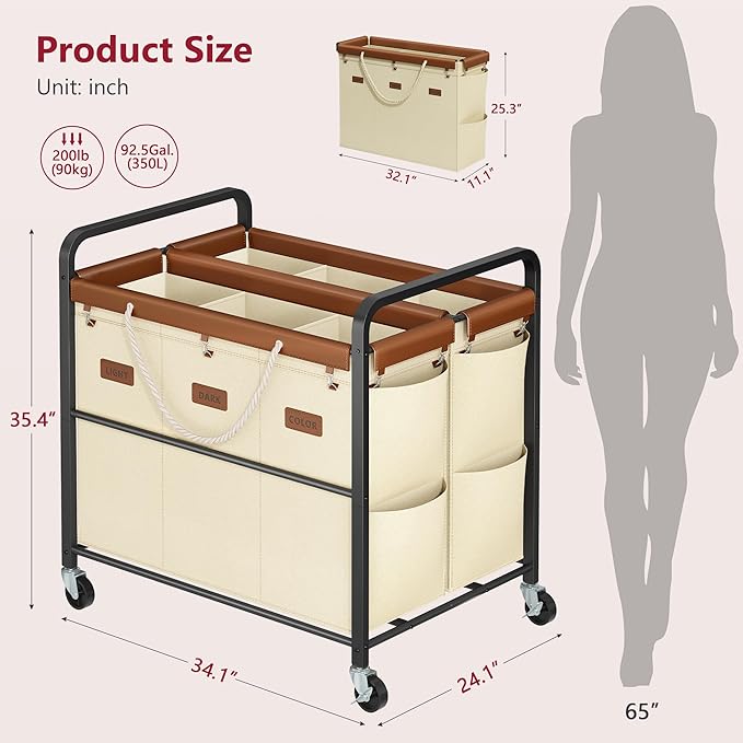 Tajsoon 350L Extra Large Laundry Hamper 6 Section, Heavy Duty Laundry Cart with Wheels, Commercial Laundry Sorter with Sturdy Metal Frame, Removable Bags & Leather Patchwork, Beige