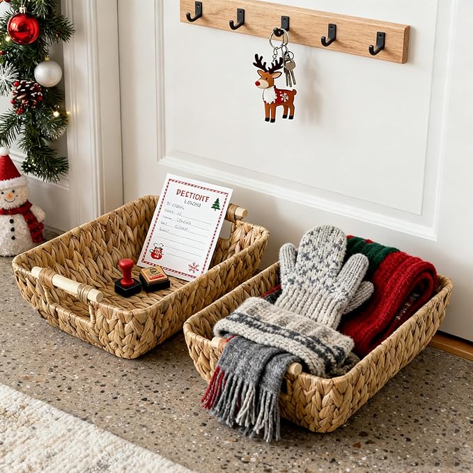 2 Pack Wicker Storage Baskets with Wooden Handles, Large Water Hyacinth Basket for Organizing Shelves, Natural Woven Storage Baskets for Snack, Gift