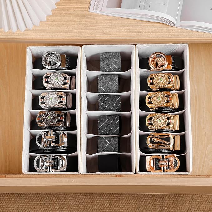 3 Packs Fabric Belt Organizer, 6 Grids Belt Organizer for Closet and Drawer, Foldable Dresser Drawer Organizers, Tie Storage -GreyWhite