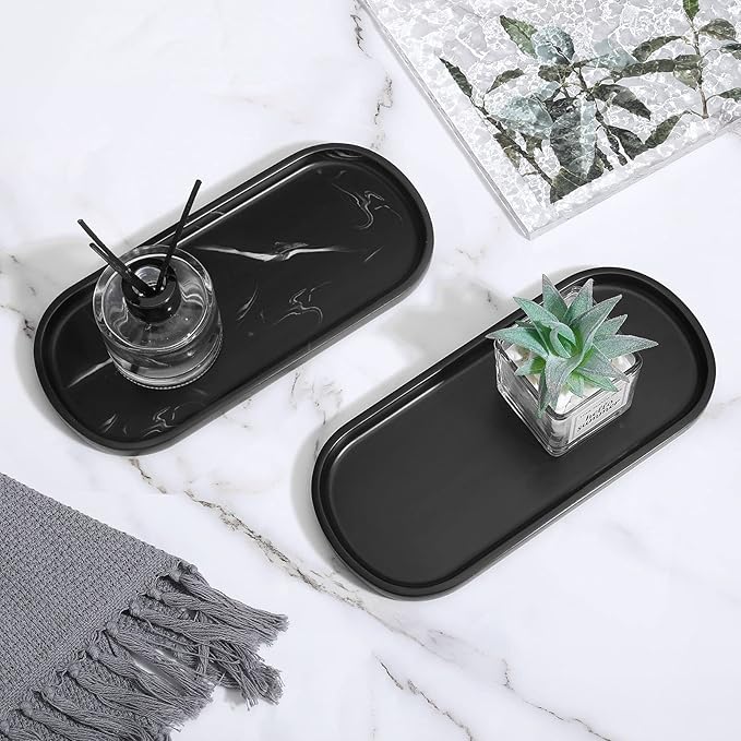 Luxspire Bathroom Vanity Tray, Oval Soap Dispenser Tray, 10" Kitchen Counter Trays, Handmade Resin Bathroom Tray for Counter, Toilet Tank Tray, Trinket Tray for Perfume Jewelry, Small, Matte Black