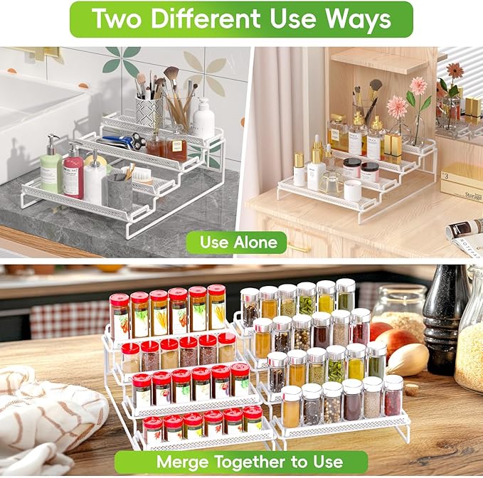 4 Tier Spice Rack Organizer for Cabinet, White (2 PCS S&L) Seasoning Organizer Rack for Inside Cabinets, Countertop, Pantry Storage
