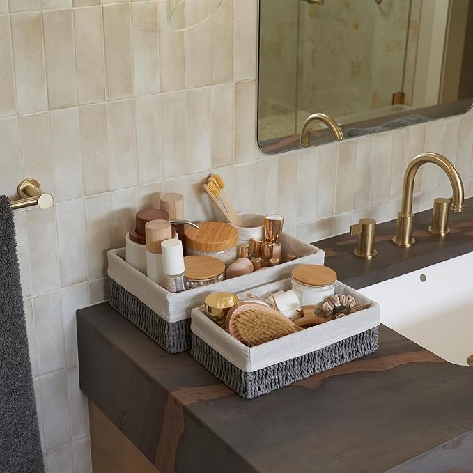 Beautiful Toilet Paper Storage Basket Set of 2 – Decorative Wicker Bathroom Organizer for Toilet Tank Trays - Quality Holder Bin for Shelves Fits Perfectly with Any Bathroom Decor