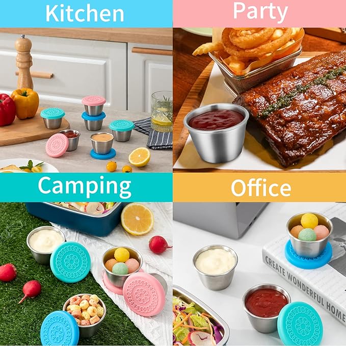 Freshmage [12 Pack 2.4oz Stainless Steel Dressing Container with Silicone Lids, Reusable Leakproof Condiment Containers Small Sauce Container Sets