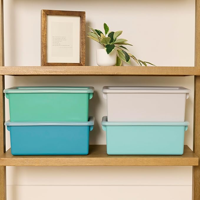 Cubby Storage Bins with Lids, 10-Pack Stackable Plastic Organizer Containers for Pantry, Office, Garage - Nestable with Handles, Contemporary