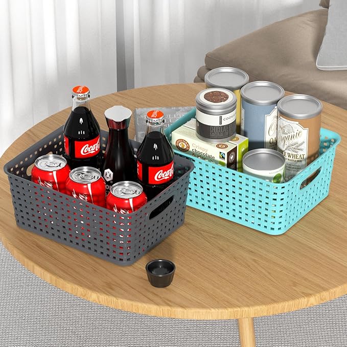 Mixed Color Rectangle Organizer Basket, Plastic Woven Storage Shelf Baskets, 6 Packs