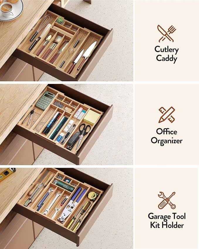 Orimade Oak Expandable Silverware Drawer Organizer, Adjustable Kitchen Utensil Holder & Cutlery Tray Drawer Dividers for Flatware (10 Slot), Large
