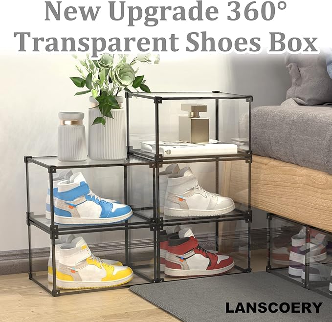 LANSCOERY Shoe Storage Box Stackable Shoe Organizer, Clear Acrylic Foldable Shoe Storage Containers Display Case with Magnetic Side Opening Door for Sneakers, Booties, Pumps, Flats, Heels, Set of 1