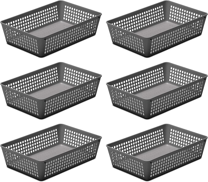 YBM HOME 6-Pack Plastic Storage Baskets Bins for Home Junk Drawer, Shelves, and Office Organization, Functional Trays/Containers Great for Kitchen Pantry, Cabinets, Bedrooms, and Bathrooms, Grey