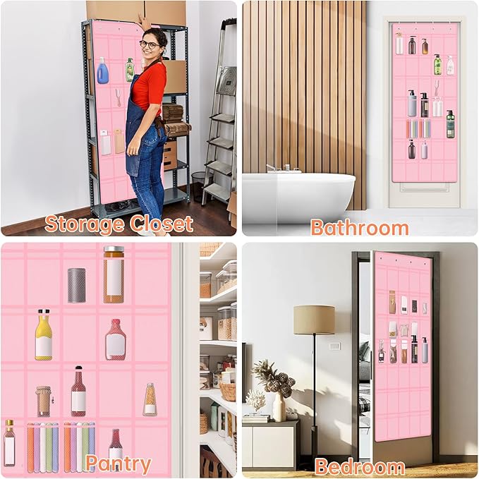 NiHome Multi-Functional 35 Pockets Door Hanging Organizer Fit for Stanley Tumbler in Kitchen, Pantry, Bathroom, Large Capacity Elastic Mesh Secure Storage Water Bottle Cup Holder, Foldable (Pink)