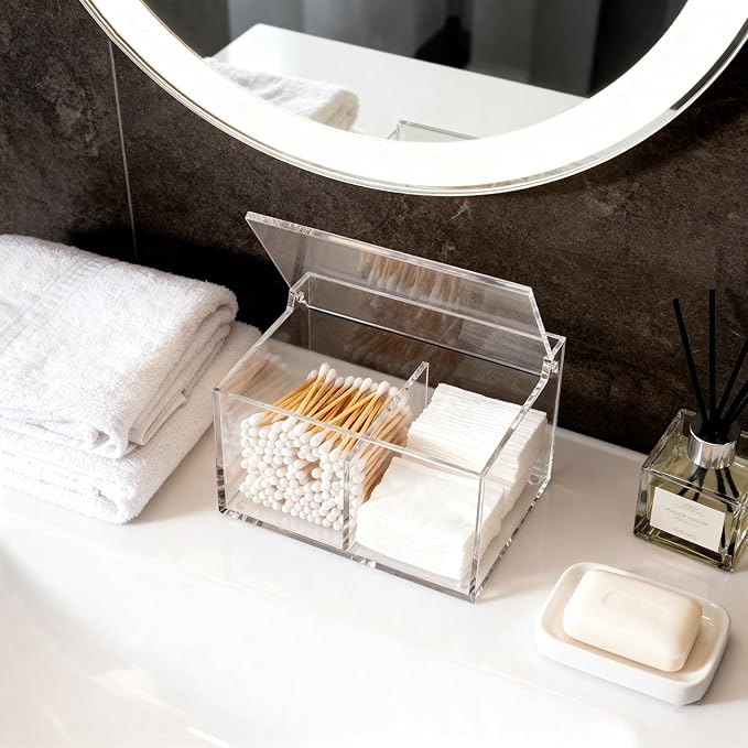 Clear Acrylic Cotton Swab Ball Holder Qtip Organizer with Lid 2-Grid Canister for Make Up Pads, Floss Picks, Vanity Storage,Bath Salts, Cosmetics, Home Bathroom Decor (DP004)