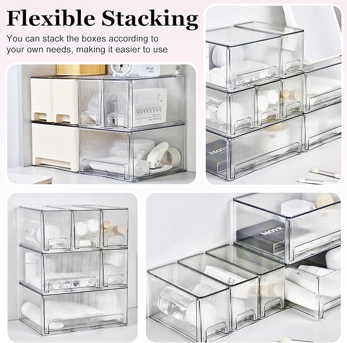 Clear Stackable Makeup Organizer, 3 Pack Plastic Drawer Storage with Handle for Vanity Bathroom Countertop, Transparent