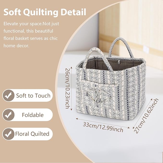 Storage Basket Boho Fabric Large Collapsible Floral Laundry Nursery Hamper Portable Folding Storage for Clothes Toys (Vine-Blue B)
