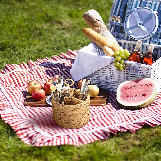 Glenmal Wicker Flatware Storage Basket Utensil Caddy Hand Woven Divided Cutlery Holder Kitchen Utensil Organizer Water Hyacinth Silverware Organizer with Handle for Countertop Party (Round)