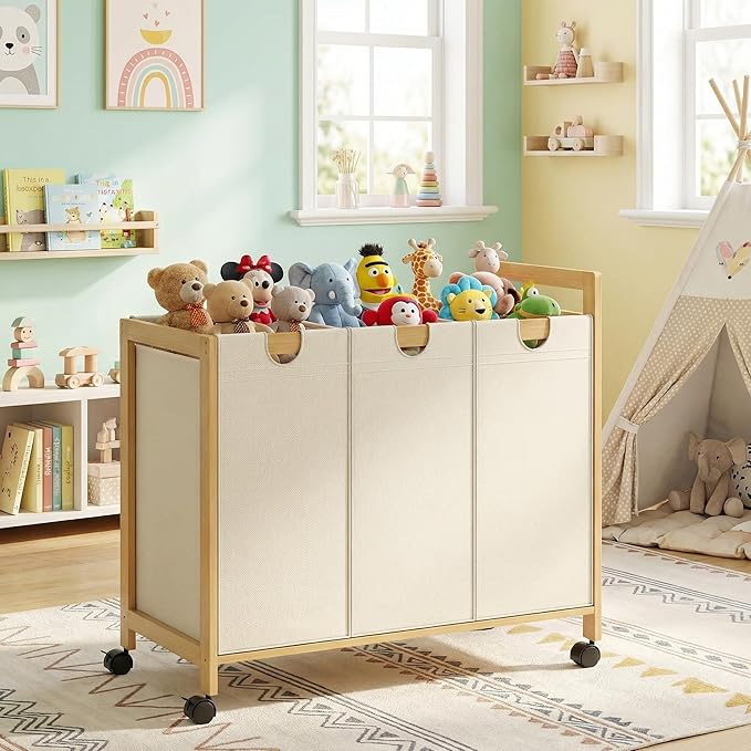Homykic 250L Laundry Sorter Cart with Wheels, 3-Section Rolling Laundry Basket with Removable Bags, 66 Gal Large Laundry Hamper Organizer, Heavy Duty Bamboo Frame, Water-Resistant, Black