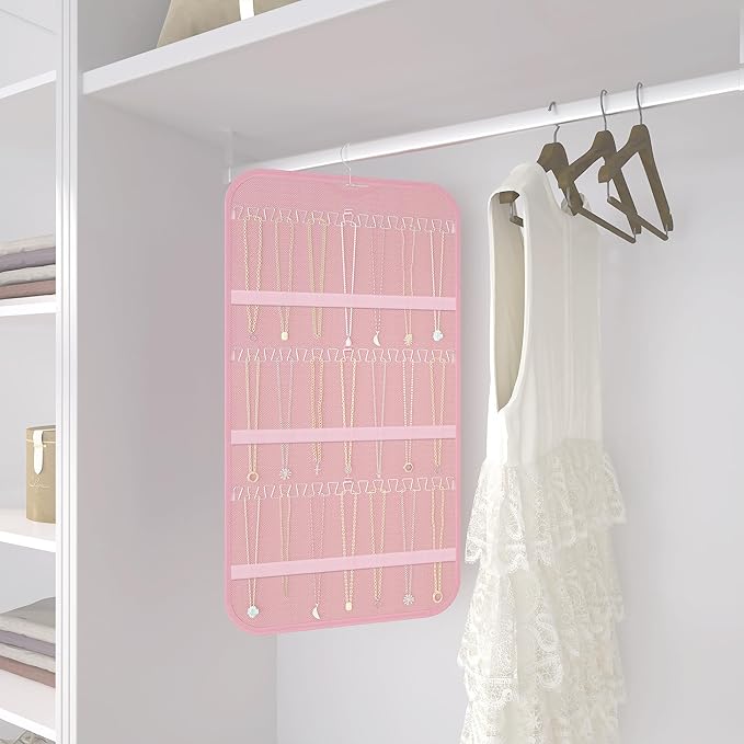 Hanging Jewelry Organizer Storage, 40 Pockets 36 Hooks Necklace Earring Necklace Bracelet Ring Organizer, Double - Sided Design, Pink