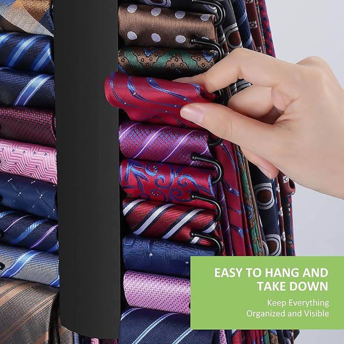 Upgraded Tie Rack Hanger for Closet with 30 Metal Hooks, Space Saving Necktie Organizer for Men, Sturdy Wooden Large Capacity Tie Holder, Closet Organizers and Storage, Black