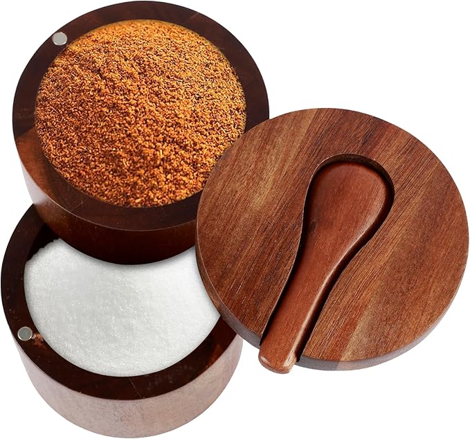 2 Layers Acacia Wood Salt and Pepper Bowl Salt and Pepper Storage Box Salt Container Salt Keeper with Built in Spoon and Magnetic Swivel Lid Dustproof Salt Holder for Kitchen Serving (Wood A)