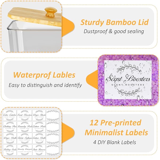 efluky 4 pack Laundry Pods Container & Dryer Sheet Holder Set,Clear Laundry Room Organization Containers with Bamboo Lids and Labels,Laundry Pods Holder for Scent Booster,Powder,Pod