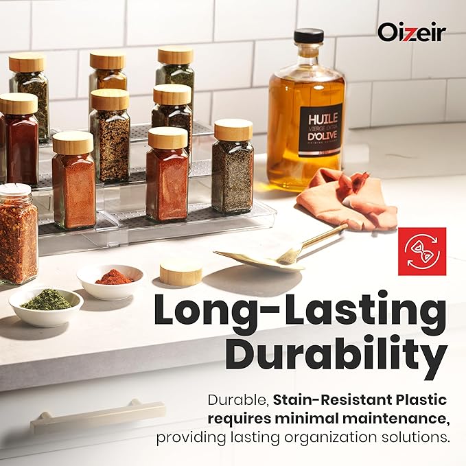Oizeir Expandable Spice Rack Organizer for Cabinet (2 Pack), 3-Tier Clear Tiered Shelf, Non-Slip Adjustable Spice Cabinet Organizer for Kitchen Pantry, Medicine, Seasoning & Bottle Storage