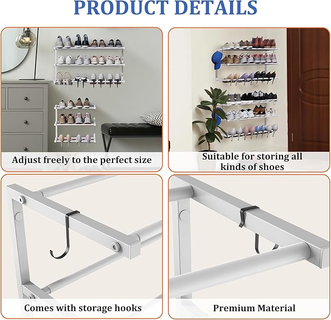 3 Pack Wall Mounted Shoe Rack, 3 Tier Hanging Shoe Rack Holds 36 Pairs, 17"-30"Adjustable Heavy Duty Metal Shoe Organizer Holder with 6 Storage Hooks, Space Saving for Closet Entryway Doorway(White)