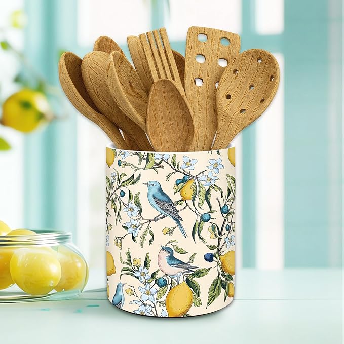 JarThenaAMCS Vintage Hummingbird Lemon Ceramic Utensil Holder Yellow Lemon Blue Bird Utensil Crock for Farmhouse Home Kitchen Countertop Storage Organizer Container