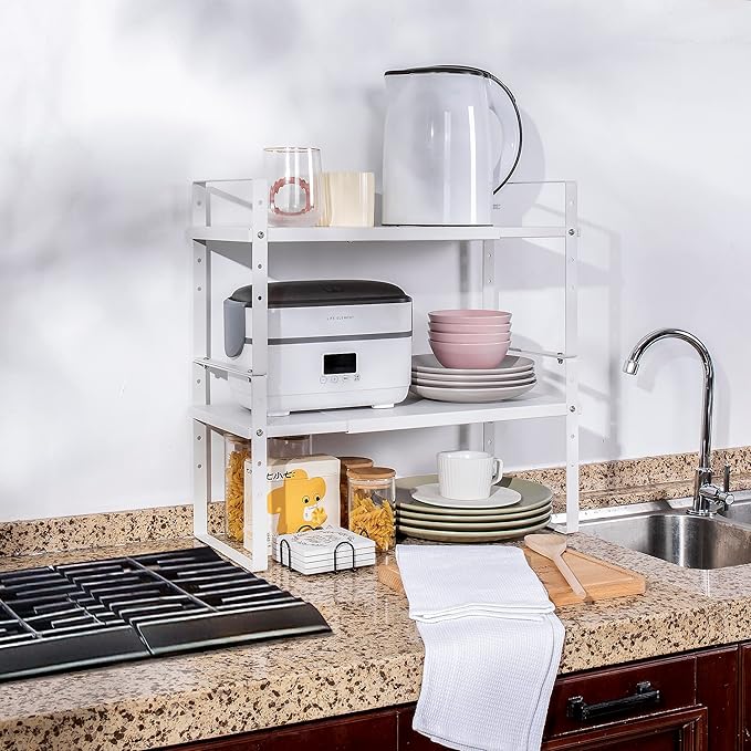 Across-Star Expandable Cabinet Shelf Organizer Rack, Stackable Kitchen Counter Storage Shelves Stand, Adjustable Height Pantry Shelf Spice Rack (White, 1 Pack)