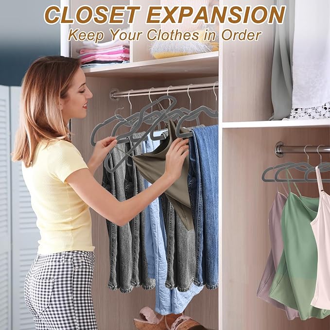 Pants Hangers Non Slip, 30 Pack Velvet Hangers for Closet with 30 Hooks, Slimline Space Saving Pants Hanger, Strong Durable Space Saving Flocked Hangaers for Pants/Shirts/Bra/Shorts (Grey-M-Shape)