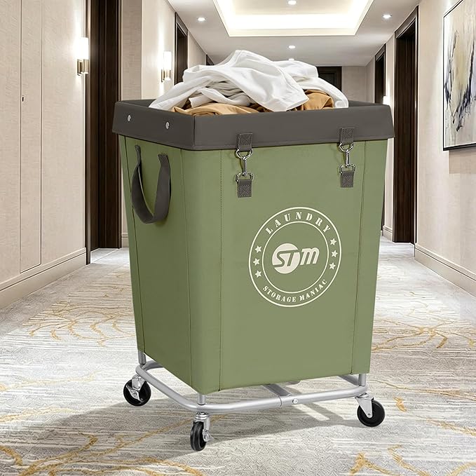 STORAGE MANIAC Commercial Laundry Hamper with Heavy Duty Steel Frame, 160 L Industrial Laundry Basket Cart with Wheels for Hotel, Home, Laundry Room, 18''L x 18''W x 31''H, Medium Green