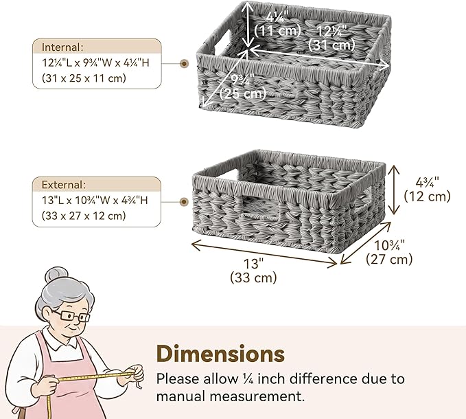 GRANNY SAYS Wicker Basket for Organizing, Wicker Storage Baskets for Shelves, Woven Baskets for Pantry Storage, Rectangle Basket, Gray, 1Pack