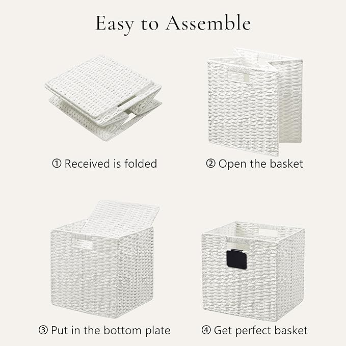 UBBCARE 2 Pack Wicker Basket, 10.5×10.5 Storage Cubes with Label, Foldable Cube Storage Bin with Handle, Square Storage Basket for Shelves, Woven Paper Rope Basket for Organizing, White