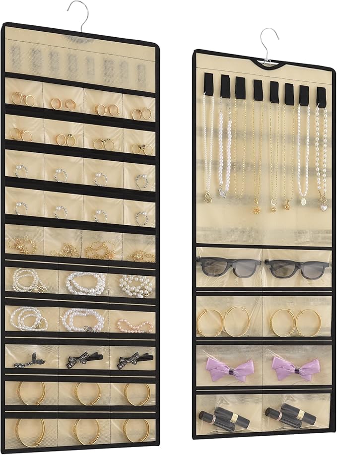 Hanging Jewelry Organizer – Jewelry Holder for Earrings, Necklaces, Rings – Closet Hanging Organizer & Travel hanging Jewelry Organizers for Women, Wall or Door Use, Day Gifts (Beige)